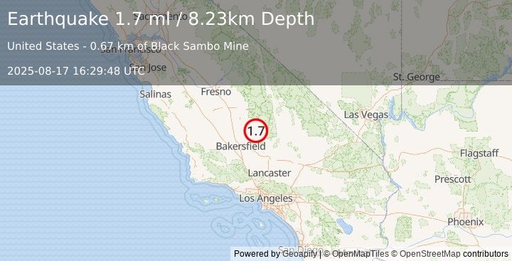 Earthquake 10 km NW of Wofford Heights, CA (1.7 ml) (2025-08-17 16:29:48 UTC)