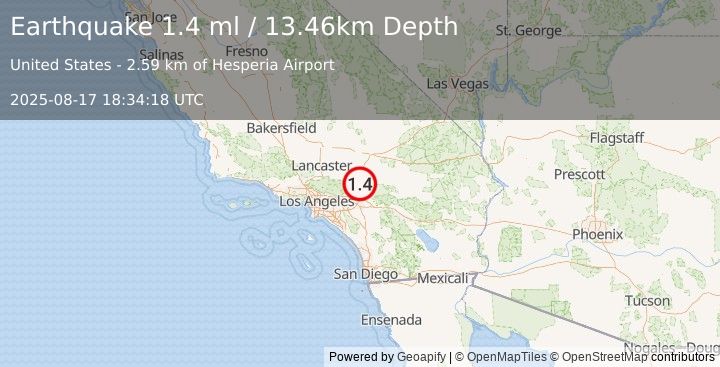 Earthquake 7 km S of Hesperia, CA (1.4 ml) (2025-08-17 18:34:18 UTC)