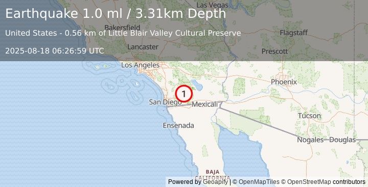 Earthquake 23 km ESE of Julian, CA (1.0 ml) (2025-08-18 06:26:59 UTC)
