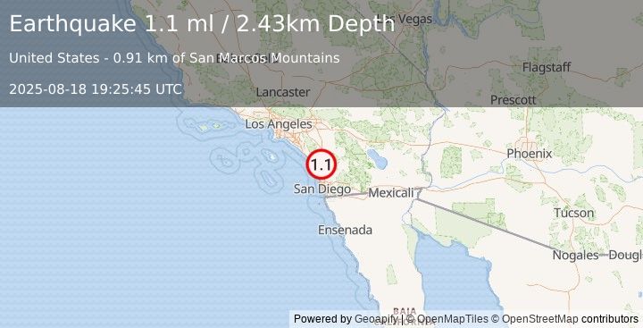 Earthquake 6 km ENE of Vista, CA (1.1 ml) (2025-08-18 19:25:45 UTC)