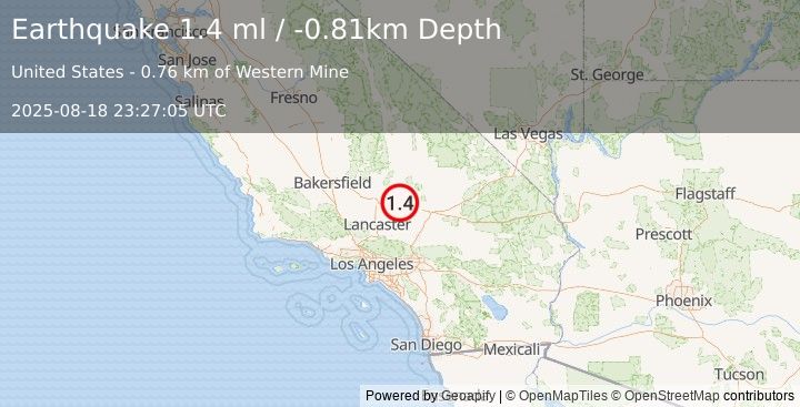 Earthquake 5 km NW of Boron, CA (1.4 ml) (2025-08-18 23:27:05 UTC)