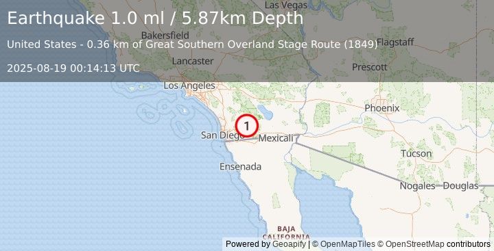 Earthquake 21 km NE of Pine Valley, CA (1.0 ml) (2025-08-19 00:14:13 UTC)