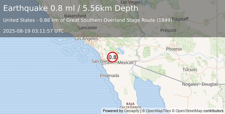 Earthquake 20 km NE of Pine Valley, CA (0.8 ml) (2025-08-19 03:11:57 UTC)