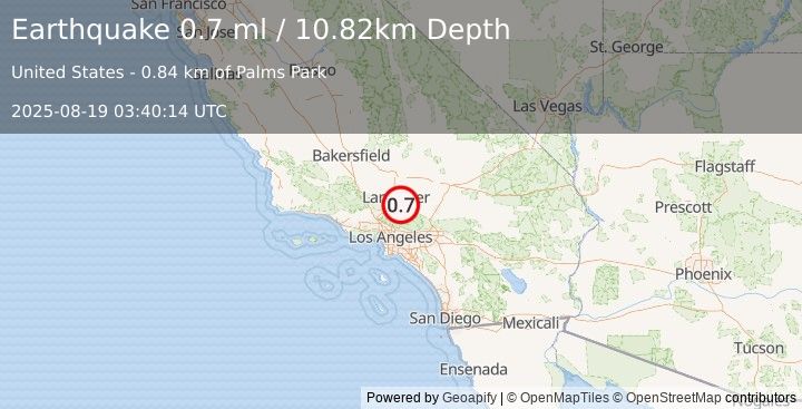 Earthquake 6 km E of Palmdale, CA (0.7 ml) (2025-08-19 03:40:14 UTC)