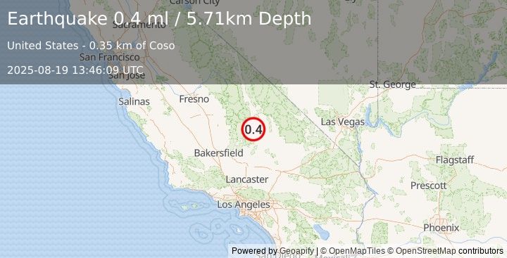 Earthquake 5 km NNW of Little Lake, CA (0.4 ml) (2025-08-19 13:46:09 UTC)