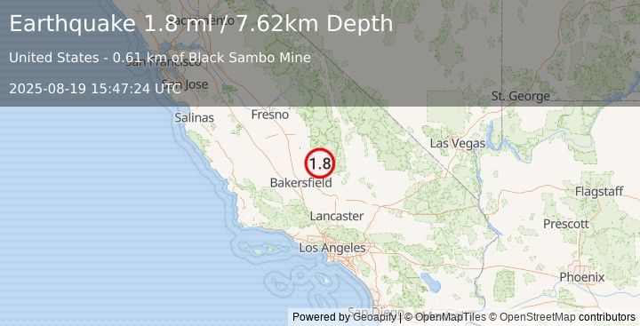 Earthquake 10 km NW of Wofford Heights, CA (1.3 ml) (2025-08-19 15:47:23 UTC)