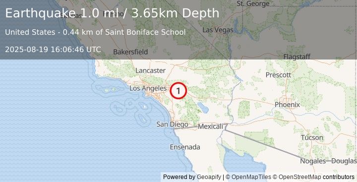 Earthquake 2 km NW of Banning, CA (1.0 ml) (2025-08-19 16:06:46 UTC)