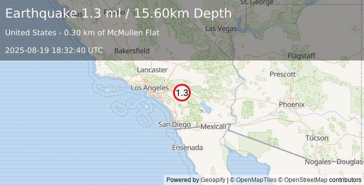 Earthquake 7 km SSE of Banning, CA (1.3 ml) (2025-08-19 18:32:40 UTC)