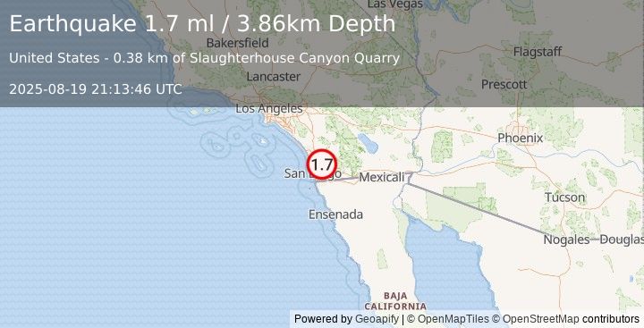 Earthquake 5 km NNW of Lakeside, CA (1.7 ml) (2025-08-19 21:13:46 UTC)