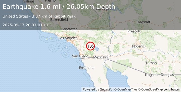 Earthquake 16 km W of Oasis, CA (1.6 ml) (2025-09-17 20:07:01 UTC)