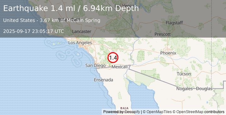 Earthquake 14 km S of Salton City, CA (1.4 ml) (2025-09-17 23:05:17 UTC)
