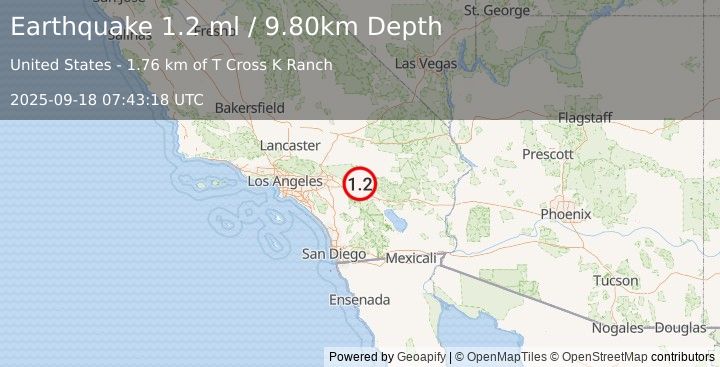 Earthquake 5 km SSW of Morongo Valley, CA (1.2 ml) (2025-09-18 07:43:18 UTC)