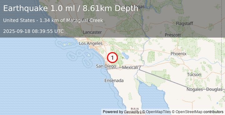 Earthquake 6 km ESE of Lake Henshaw, CA (1.0 ml) (2025-09-18 08:39:55 UTC)