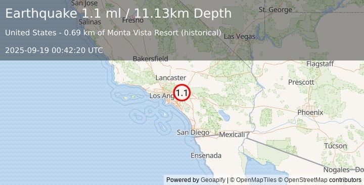 Earthquake 7 km N of Upland, CA (1.1 ml) (2025-09-19 00:42:20 UTC)