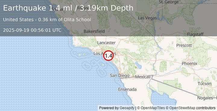 Earthquake 3 km WSW of La Habra, CA (1.4 ml) (2025-09-19 00:56:01 UTC)
