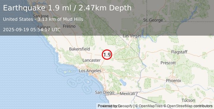 Earthquake 16 km NNE of Barstow, CA (1.9 ml) (2025-09-19 05:54:17 UTC)
