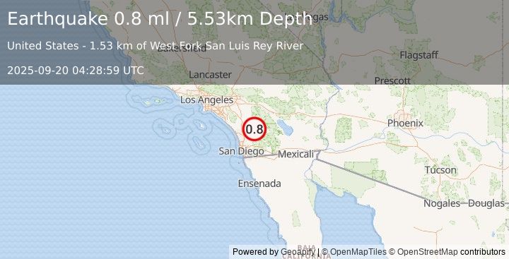 Earthquake 4 km N of Lake Henshaw, CA (0.8 ml) (2025-09-20 04:28:59 UTC)