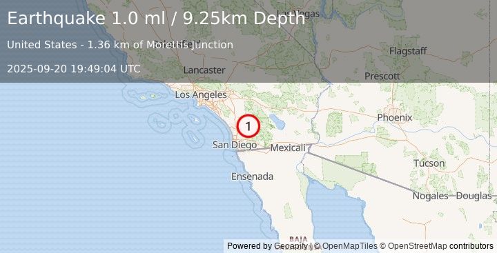 Earthquake 6 km SE of Lake Henshaw, CA (1.0 ml) (2025-09-20 19:49:04 UTC)