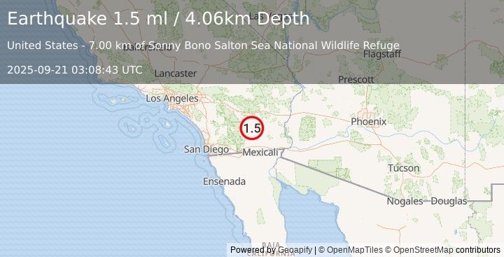 Earthquake 10 km S of Bombay Beach, CA (1.5 ml) (2025-09-21 03:08:43 UTC)