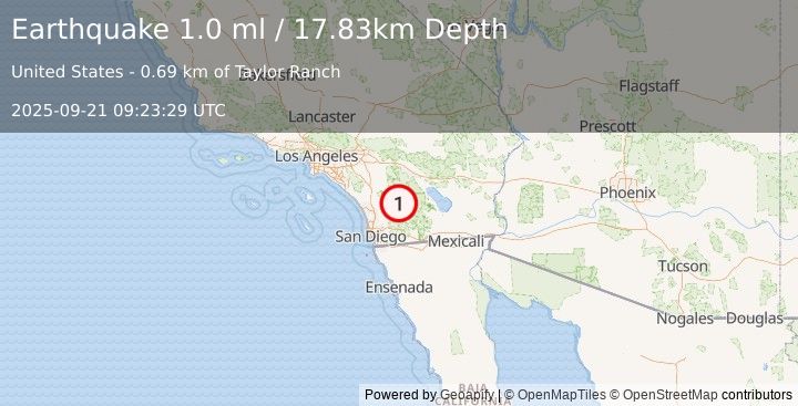 Earthquake 3 km ESE of Warner Springs, CA (1.0 ml) (2025-09-21 09:23:29 UTC)