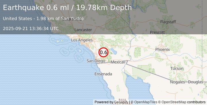 Earthquake 6 km SE of Warner Springs, CA (0.6 ml) (2025-09-21 13:36:34 UTC)