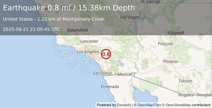 Earthquake 3 km SSW of Banning, CA (0.8 ml) (2025-09-21 21:00:45 UTC)
