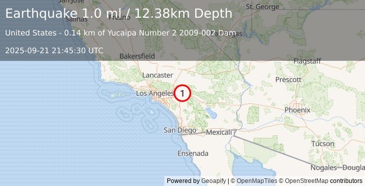 Earthquake 2 km NNW of Yucaipa, CA (1.0 ml) (2025-09-21 21:45:30 UTC)