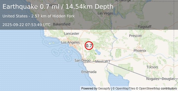 Earthquake 6 km W of Palm Springs, CA (0.7 ml) (2025-09-22 07:53:49 UTC)