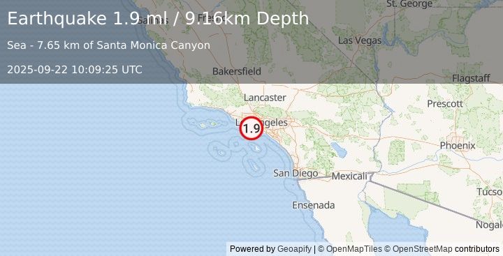 Earthquake 13 km W of El Segundo, CA (1.9 ml) (2025-09-22 10:09:25 UTC)