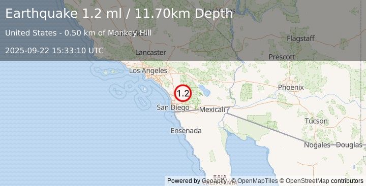 Earthquake 3 km ESE of Lake Henshaw, CA (1.2 ml) (2025-09-22 15:33:10 UTC)