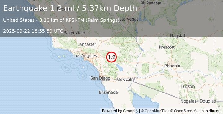 Earthquake 11 km E of Desert Hot Springs, CA (1.2 ml) (2025-09-22 18:55:50 UTC)