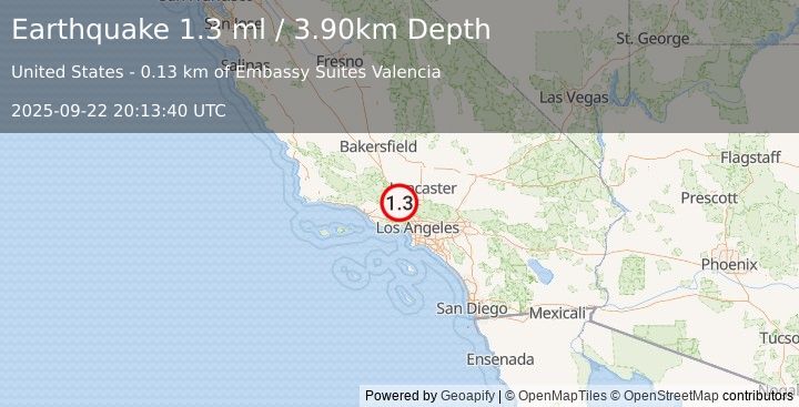 Earthquake 3 km WSW of Valencia, CA (1.3 ml) (2025-09-22 20:13:40 UTC)