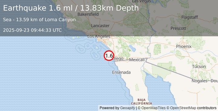 Earthquake 22 km WNW of La Jolla, CA (1.6 ml) (2025-09-23 09:44:33 UTC)