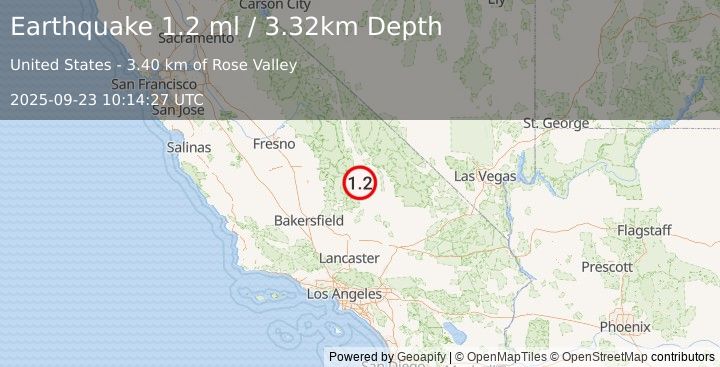 Earthquake 5 km ESE of Coso Junction, CA (1.2 ml) (2025-09-23 10:14:27 UTC)