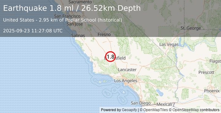 Earthquake 7 km SW of Shafter, CA (1.8 ml) (2025-09-23 11:27:08 UTC)