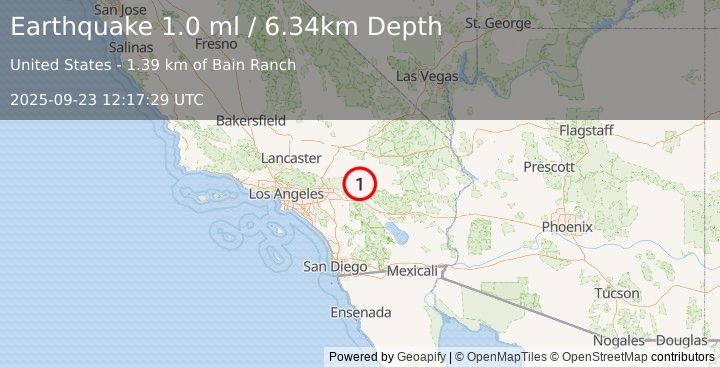 Earthquake 21 km E of Big Bear City, CA (1.0 ml) (2025-09-23 12:17:29 UTC)