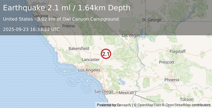 Earthquake 15 km N of Barstow, CA (2.1 ml) (2025-09-23 16:33:22 UTC)