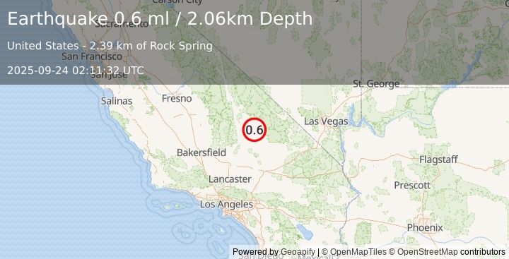 Earthquake 20 km N of Searles Valley, CA (0.6 ml) (2025-09-24 02:11:32 UTC)