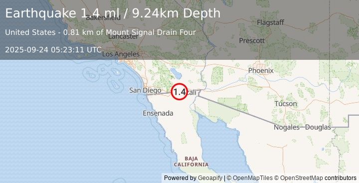 Earthquake 12 km NW of Progreso, B.C., MX (1.4 ml) (2025-09-24 05:23:11 UTC)
