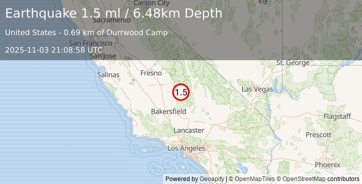 Earthquake 34 km N of Kernville, CA (1.5 ml) (2025-11-03 21:08:58 UTC)