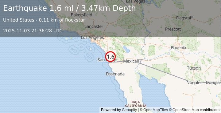 Earthquake 6 km NNW of Lakeside, CA (1.6 ml) (2025-11-03 21:36:28 UTC)