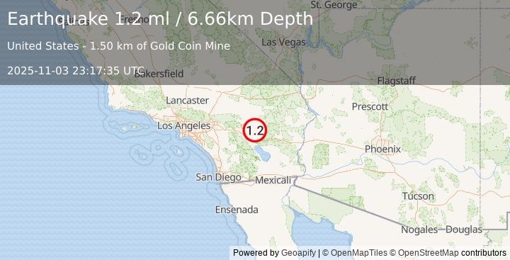 Earthquake 23 km S of Twentynine Palms, CA (1.2 ml) (2025-11-03 23:17:35 UTC)