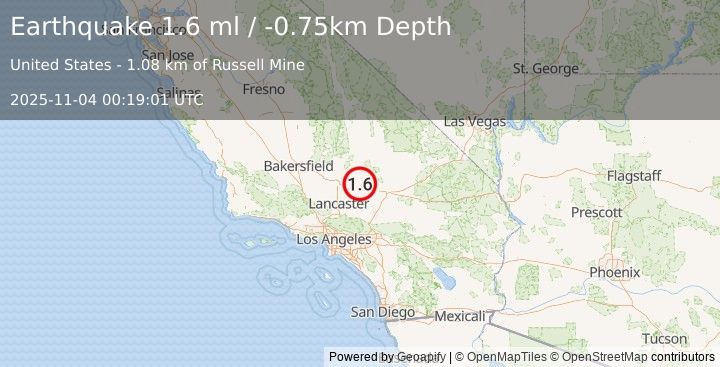 Earthquake 6 km NNW of Boron, CA (1.6 ml) (2025-11-04 00:19:01 UTC)