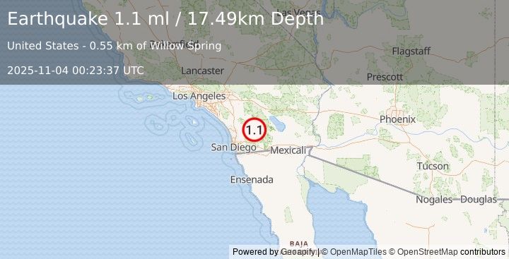 Earthquake 13 km NE of Julian, CA (1.1 ml) (2025-11-04 00:23:37 UTC)