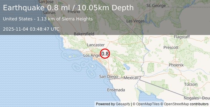Earthquake 7 km NNE of Fontana, CA (0.8 ml) (2025-11-04 03:48:47 UTC)