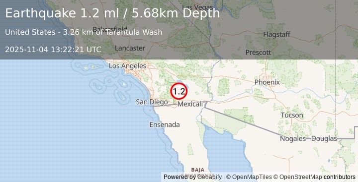Earthquake 16 km ESE of Ocotillo Wells, CA (1.2 ml) (2025-11-04 13:22:21 UTC)