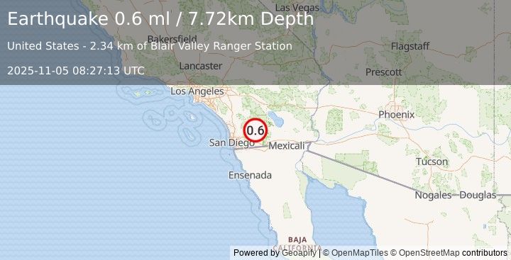 Earthquake 16 km ESE of Julian, CA (0.6 ml) (2025-11-05 08:27:13 UTC)