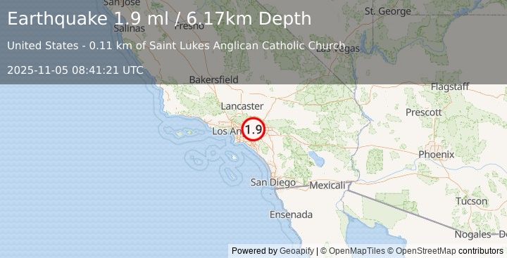 Earthquake 1 km W of La Verne, CA (1.9 ml) (2025-11-05 08:41:21 UTC)