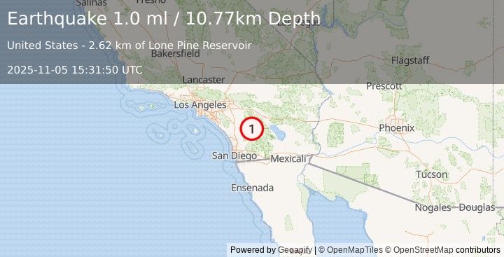 Earthquake 16 km SSE of Anza, CA (1.0 ml) (2025-11-05 15:31:50 UTC)