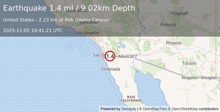 Earthquake 10 km NNW of Tecate, B.C., MX (1.4 ml) (2025-11-05 19:41:21 UTC)